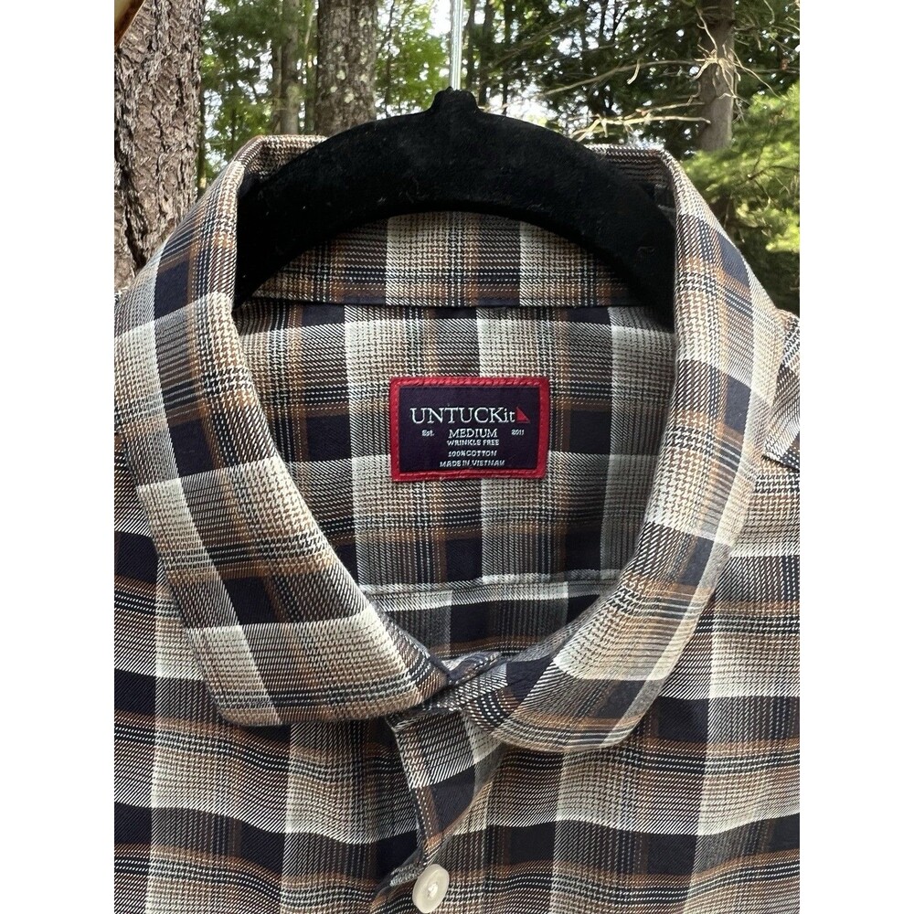 UNTUCKit Lerman WF Men’s Medium Regular Fit Black Brown Plaid Wrinkle Free Shirt